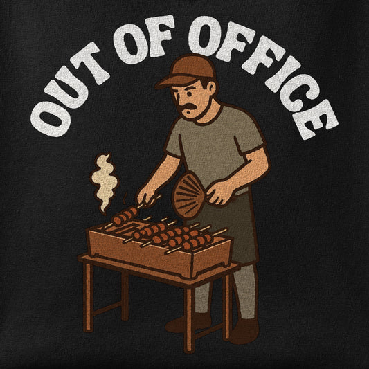 Close-up of the Out of Office print showing ink detail on the fabric