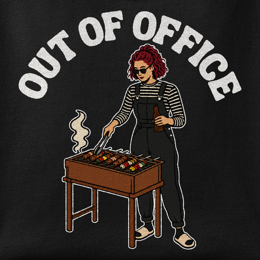 Close-up of the Out of Office - Female print showing ink detail on the fabric