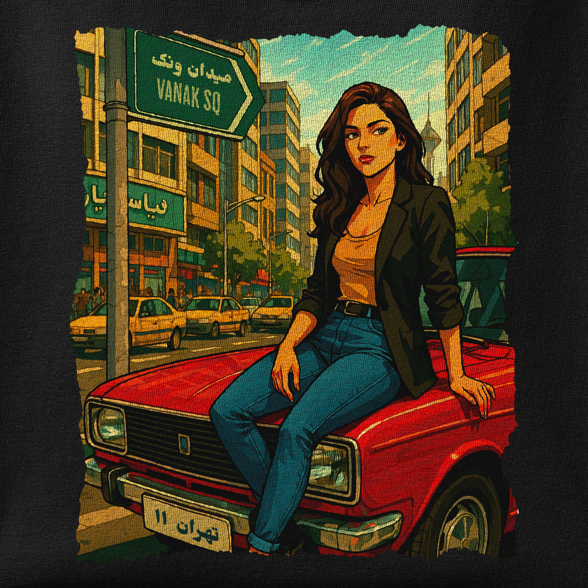 Close-up of the Paykan Girl print showing ink detail on the fabric