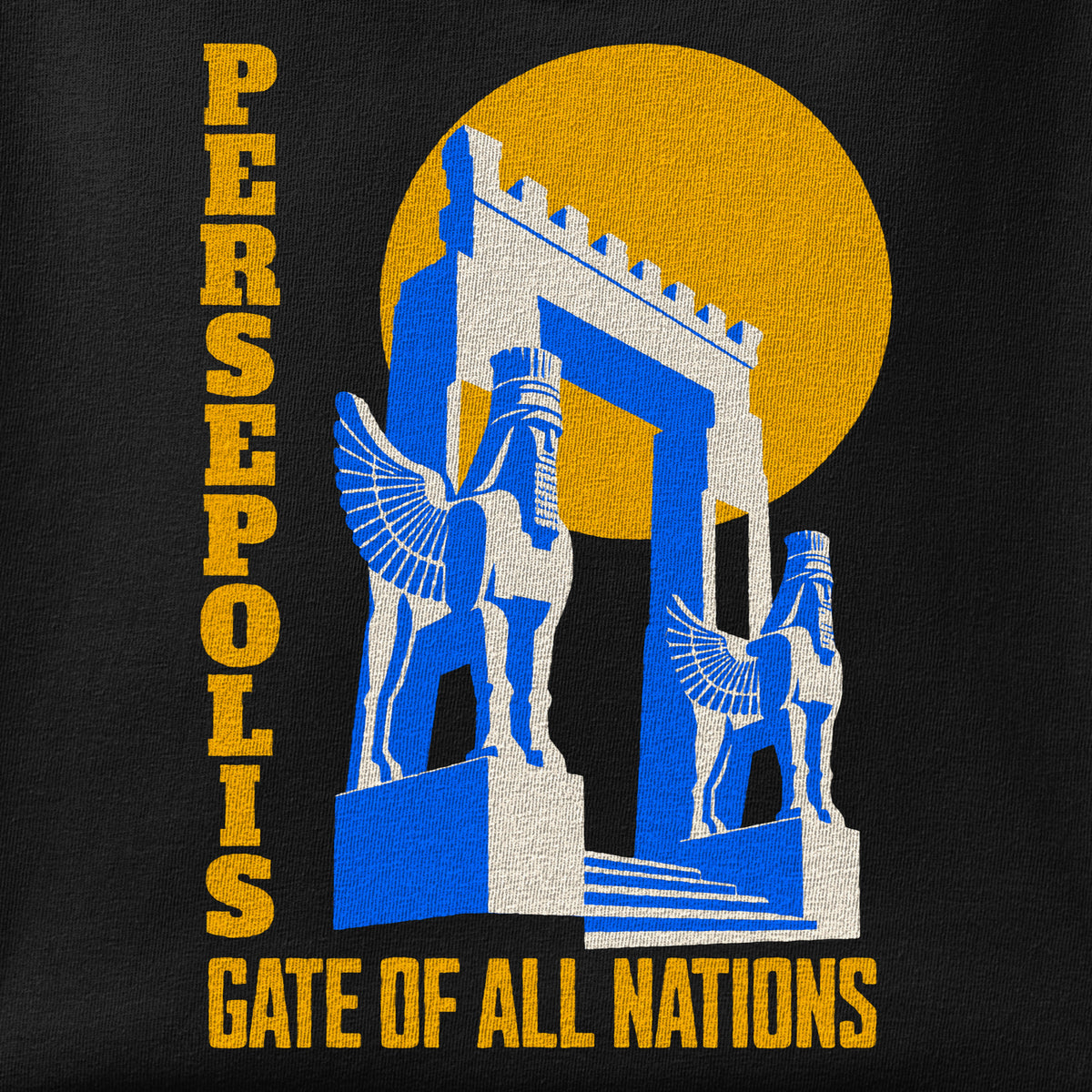 Close-up of the Persepolis print showing ink detail on the fabric
