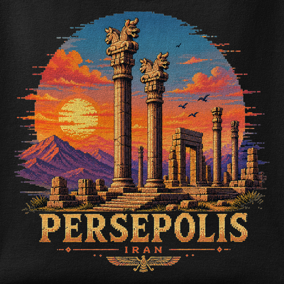 Close-up of the Persepolis - Pixel print showing ink detail on the fabric
