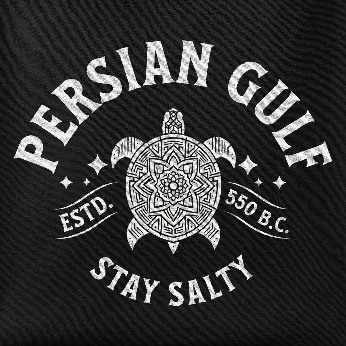 Close-up of the Persian Gulf Estd 550 BC print showing ink detail on the fabric