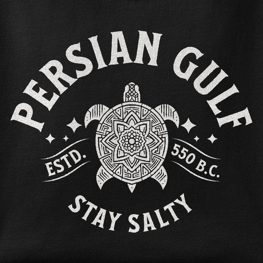 Close-up of the Persian Gulf Estd 550 BC print showing ink detail on the fabric