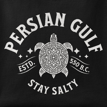 Close-up of the Persian Gulf Estd 550 BC print showing ink detail on the fabric