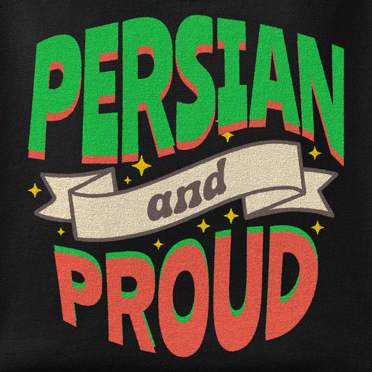 Close-up of the Persian & Proud print showing ink detail on the fabric
