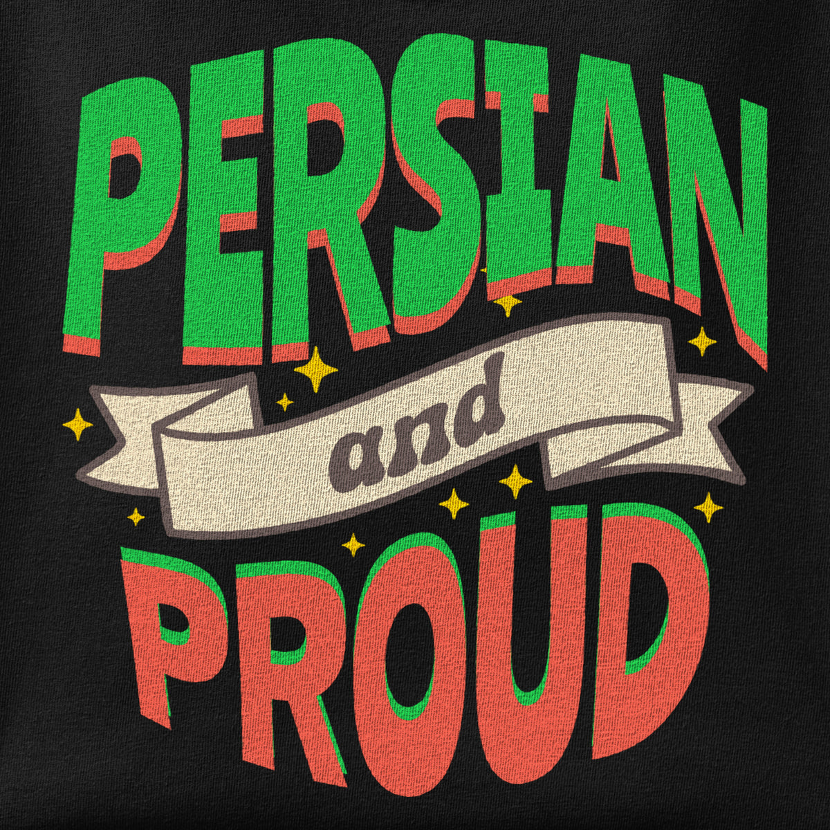 Close-up of the Persian & Proud print showing ink detail on the fabric