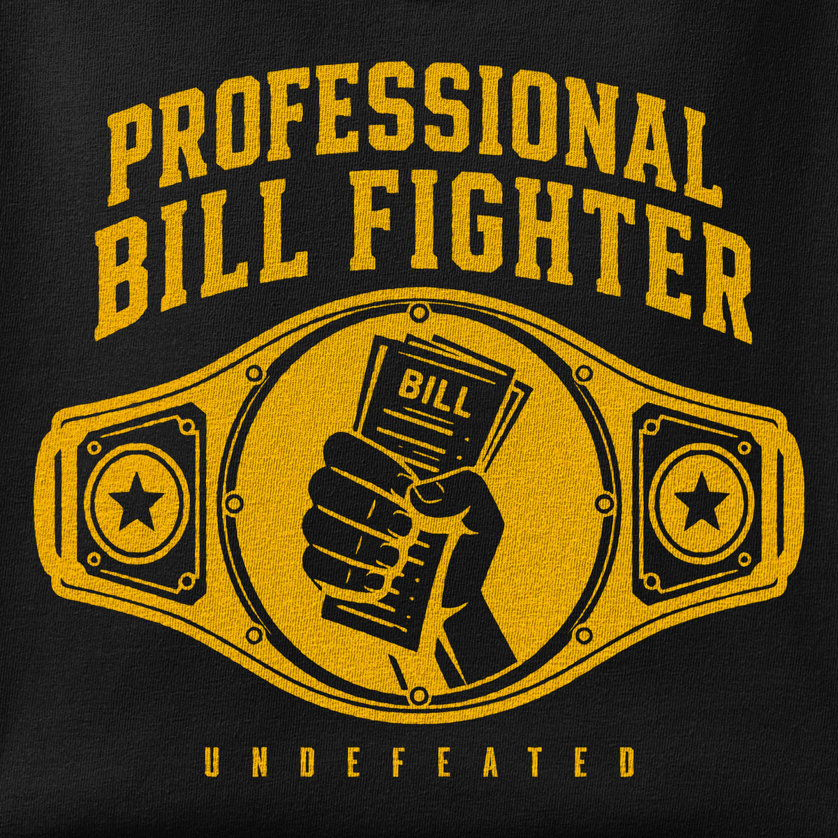 Close-up of the Professional Bill Fighter print showing ink detail on the fabric