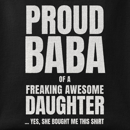 Close-up of the Proud Baba of a Daughter print showing ink detail on the fabric