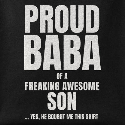 Close-up of the Proud Baba of a Son print showing ink detail on the fabric