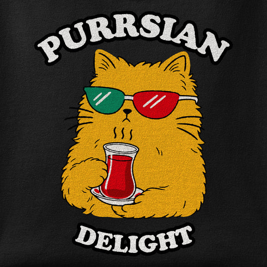 Close-up of the Purrsian Delight print showing ink detail on the fabric