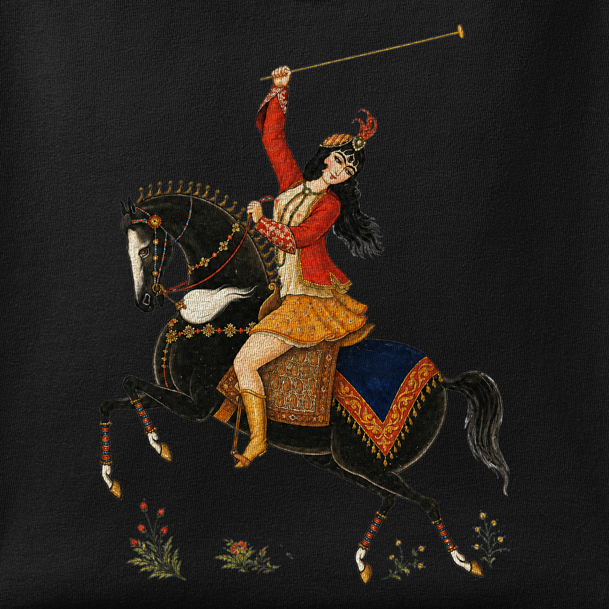 Close-up of the Qajari Polo print showing ink detail on the fabric