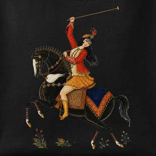 Close-up of the Qajari Polo print showing ink detail on the fabric