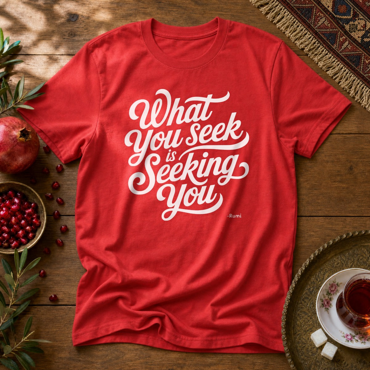 What You Seek is Seeking You - Rumi Typography Unisex T-Shirt - Red