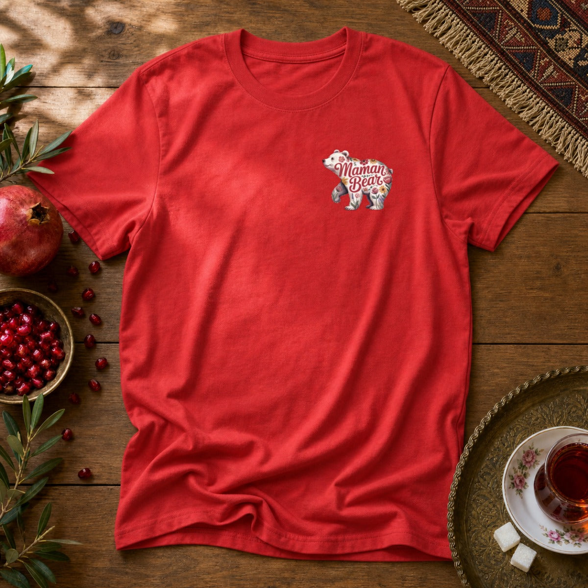 Maman Bear Floral Unisex T-Shirt - Red
