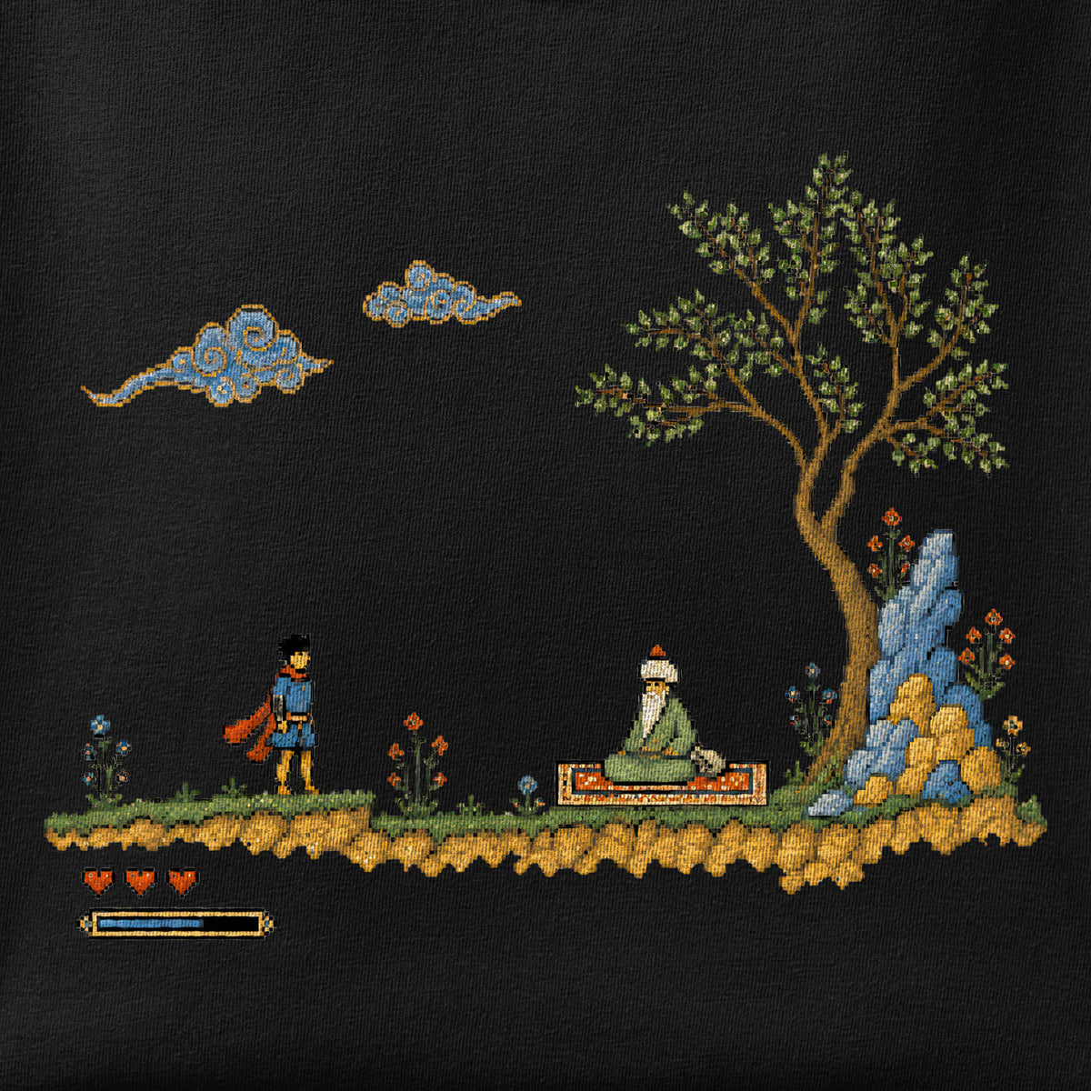 Close-up of the Retro Quest - Pixel Art print showing ink detail on the fabric