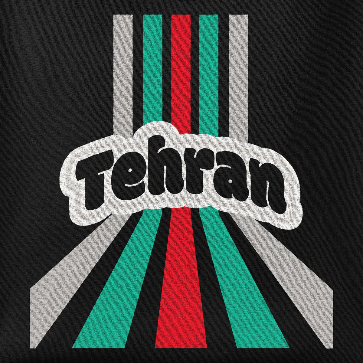 Close-up of the Retro Tehran print showing ink detail on the fabric