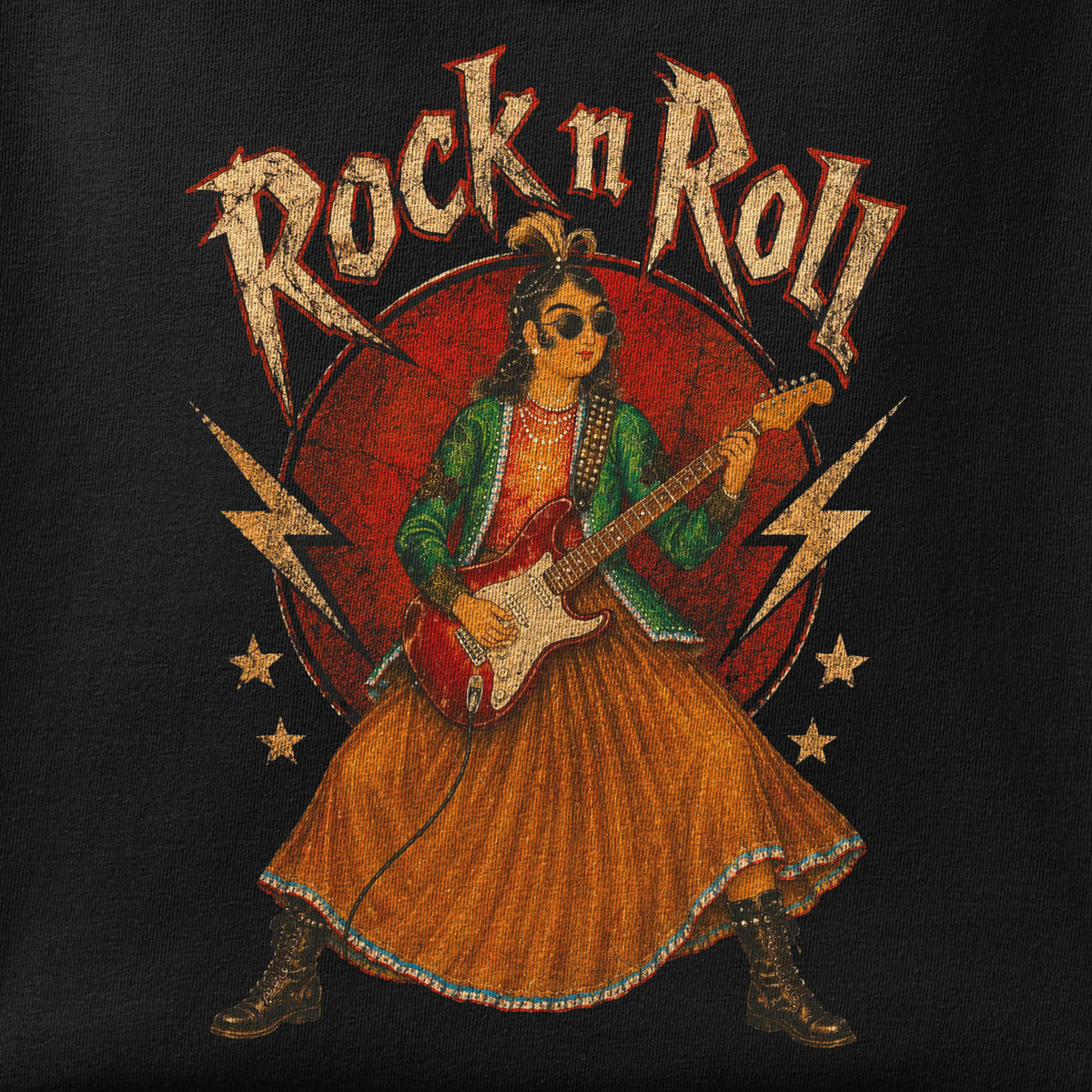 Close-up of the Rock n Roll print showing ink detail on the fabric