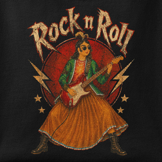 Close-up of the Rock n Roll print showing ink detail on the fabric