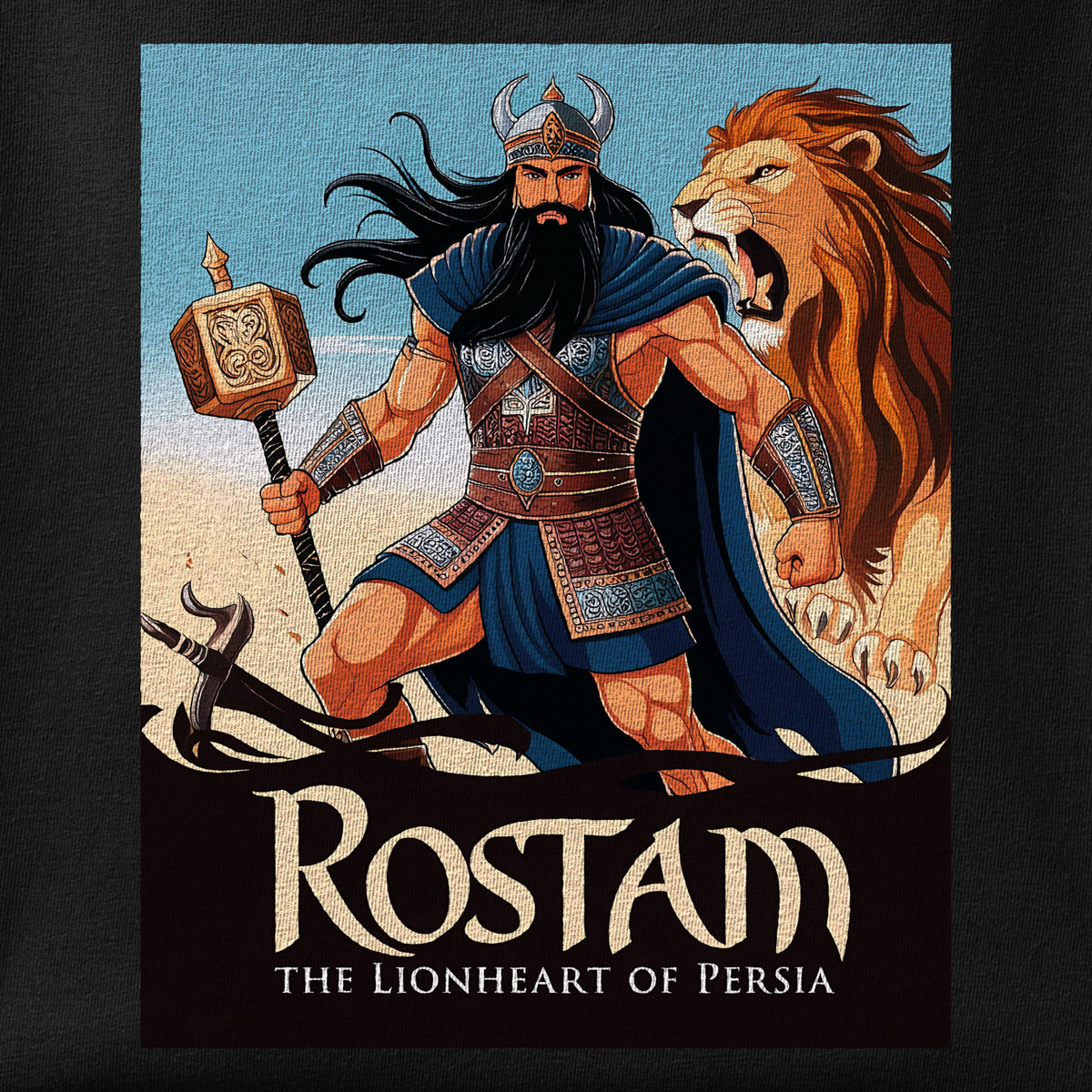 Close-up of the Rostam, the Lionheart of Persia print showing ink detail on the fabric