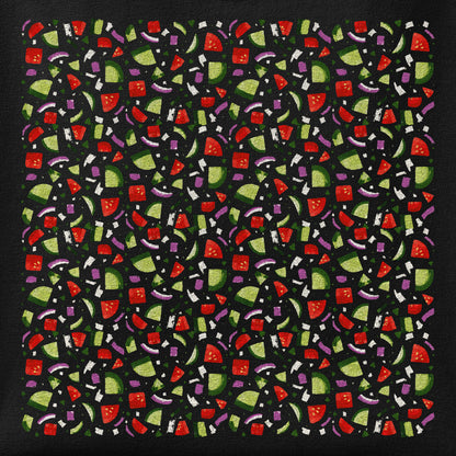 Close-up of the Salad Shirazi print showing ink detail on the fabric