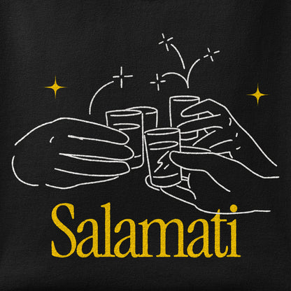 Close-up of the Salamati Shots print showing ink detail on the fabric