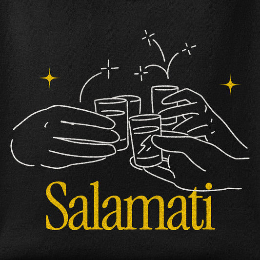 Close-up of the Salamati Shots print showing ink detail on the fabric
