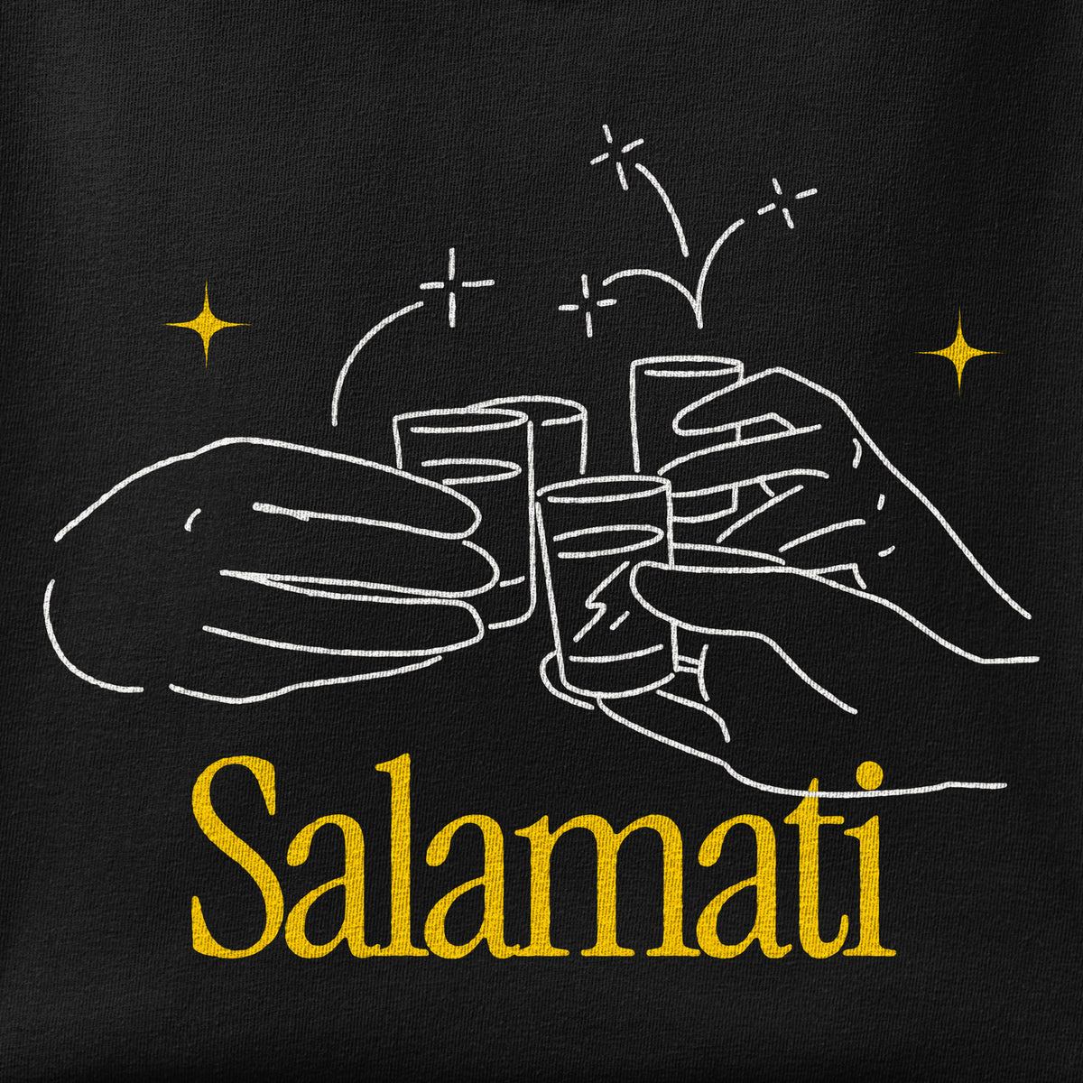 Close-up of the Salamati Shots print showing ink detail on the fabric