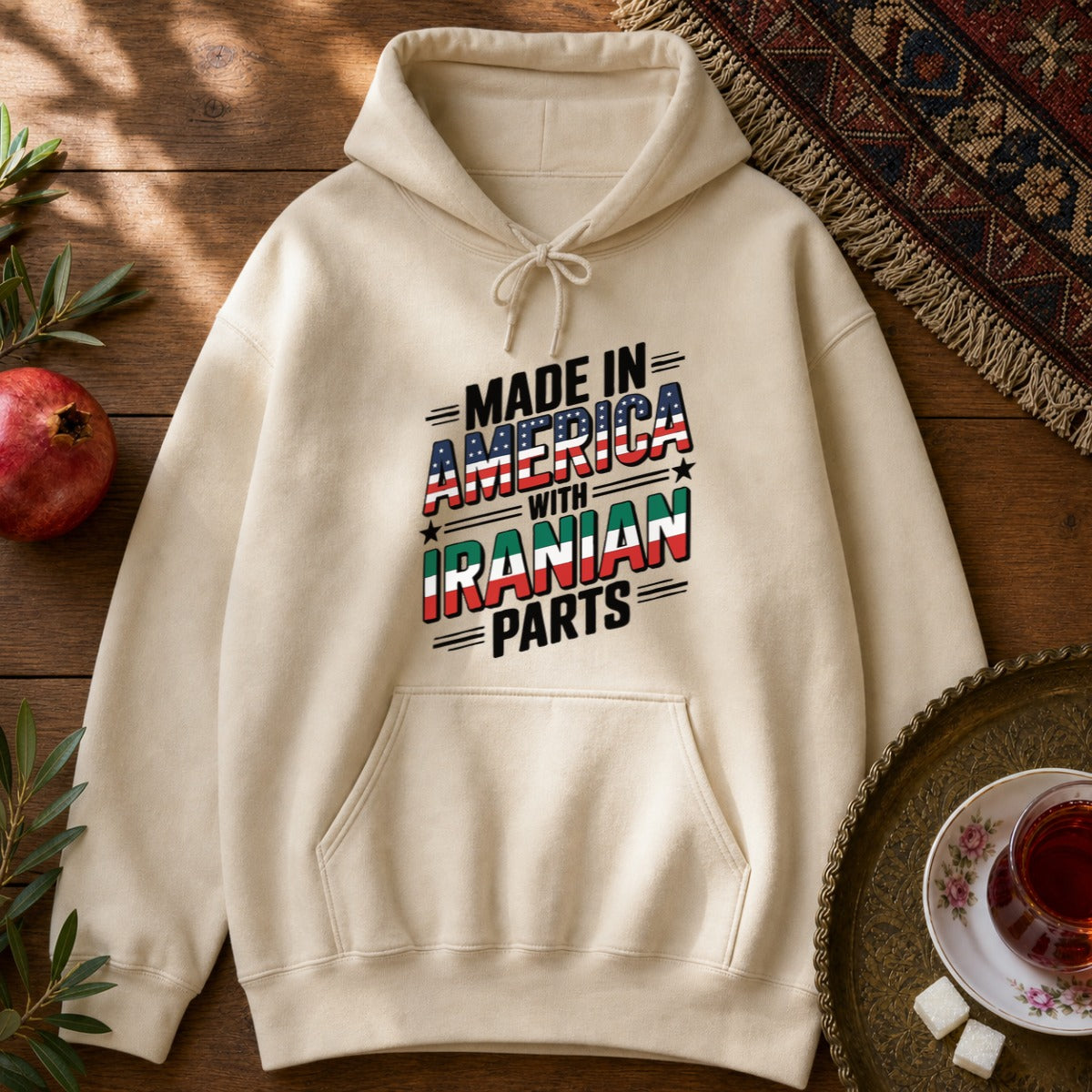 Made in America, with Iranian Parts Hoodie - Sand