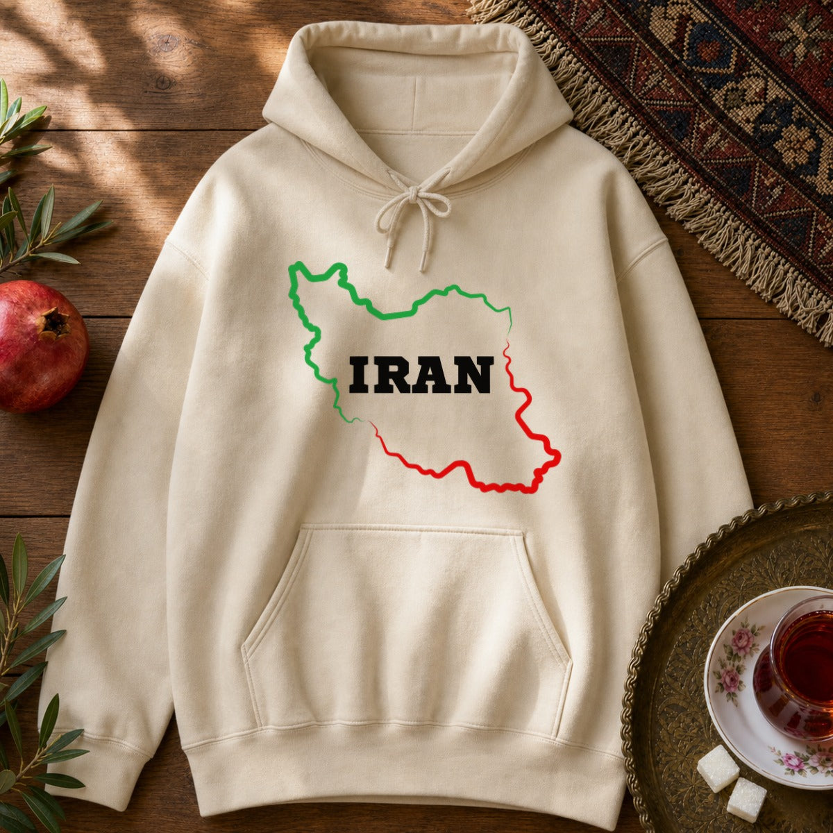 Iran Map - Flag Colors Hoodie - Sand