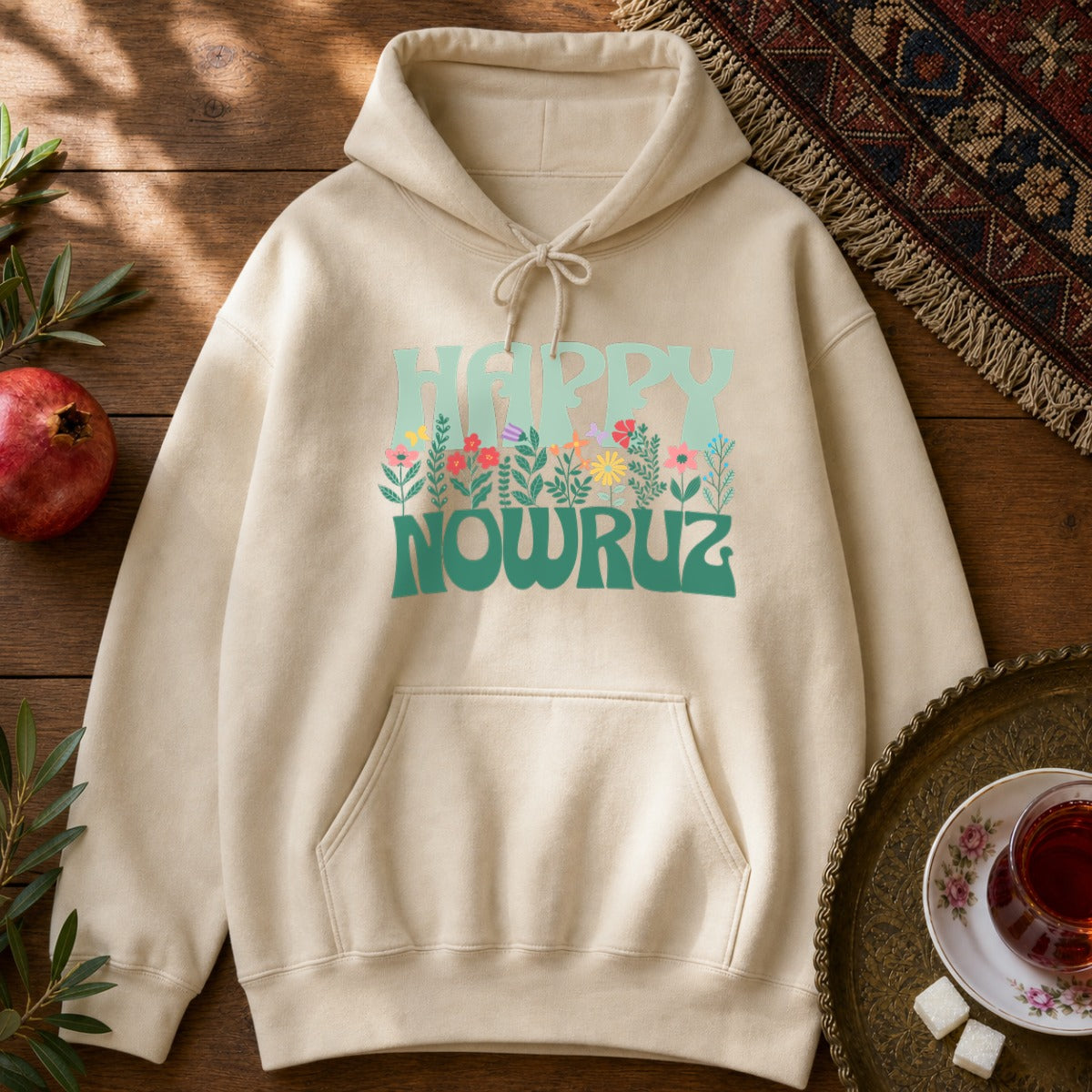 Happy Nowruz Floral Hoodie - Sand