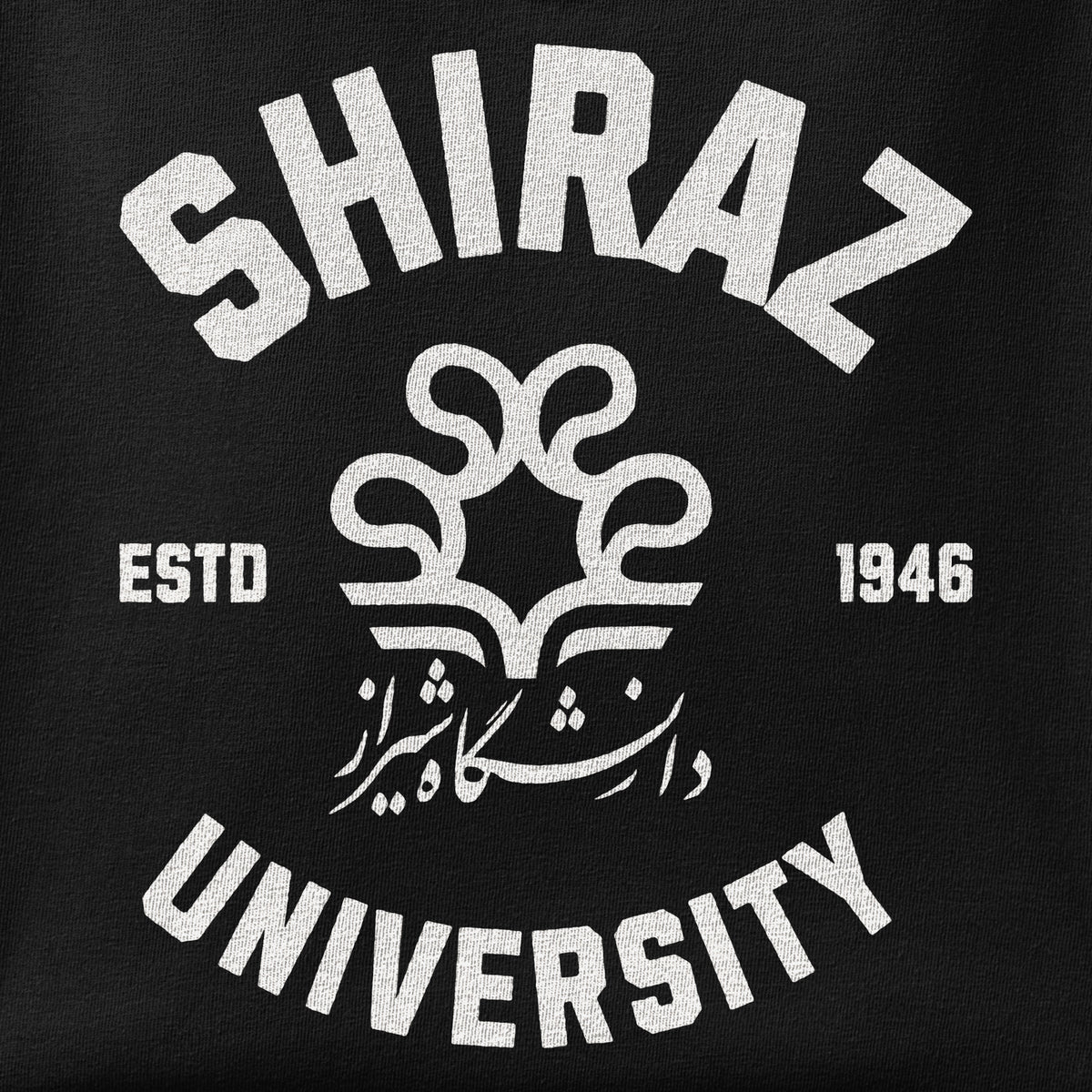 Close-up of the Shiraz University print showing ink detail on the fabric