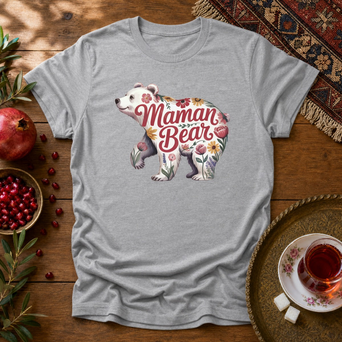 Maman Bear Floral Full Unisex T-Shirt - Sport Grey