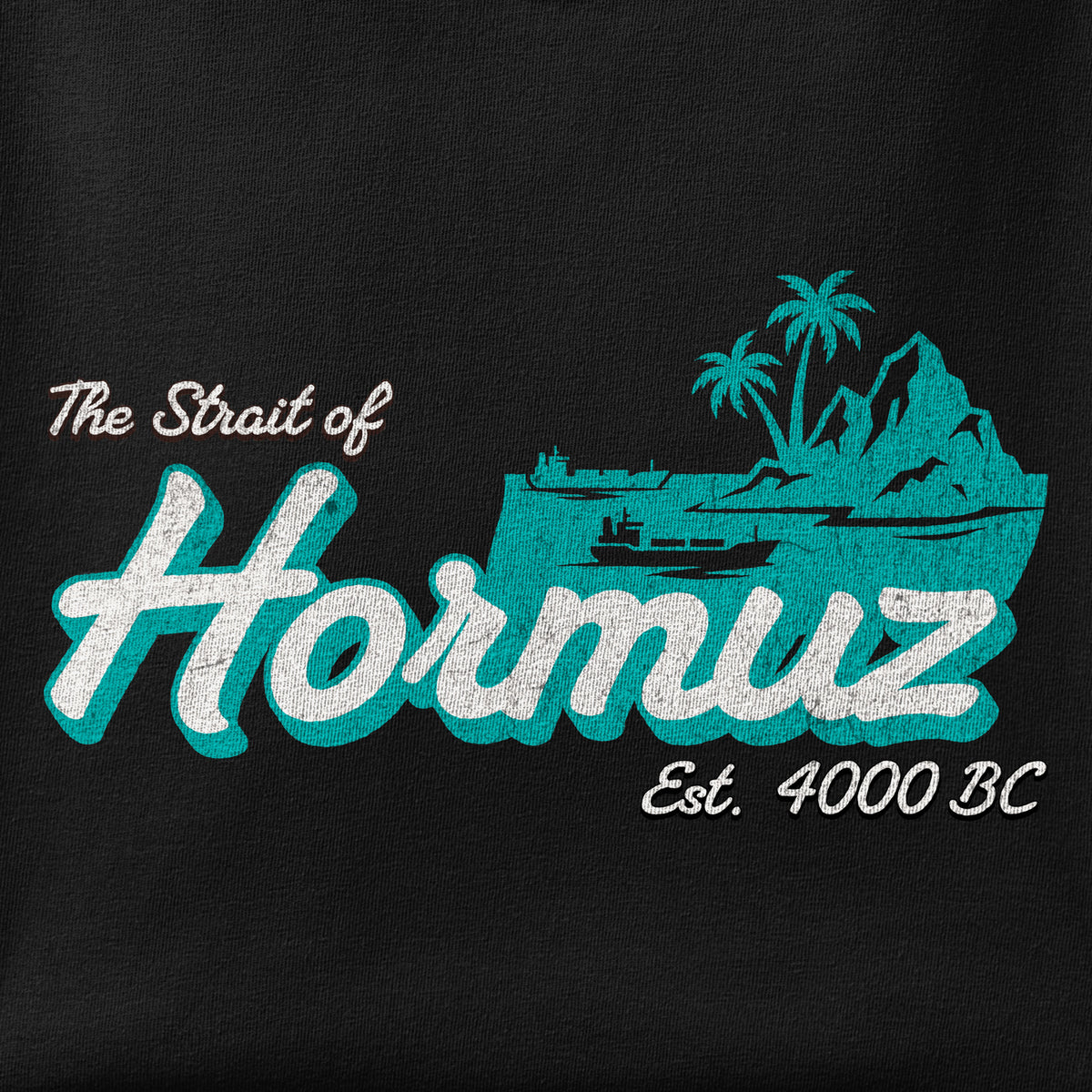 Close-up of the Strait of Hormuz Scene print showing ink detail on the fabric
