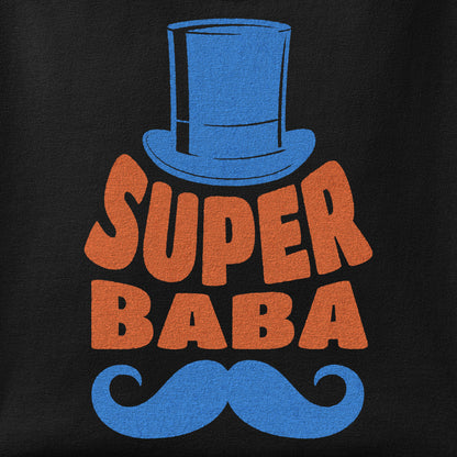 Close-up of the Super Baba print showing ink detail on the fabric