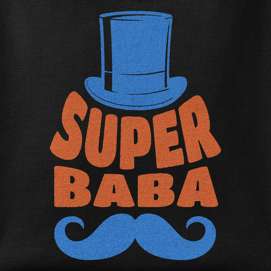 Close-up of the Super Baba print showing ink detail on the fabric