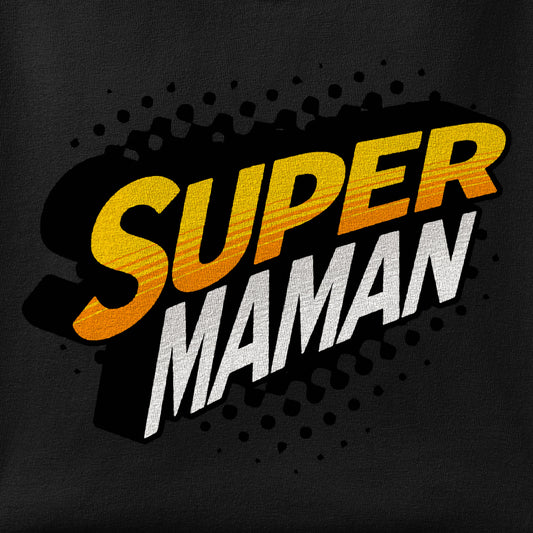 Close-up of the Super Maman print showing ink detail on the fabric