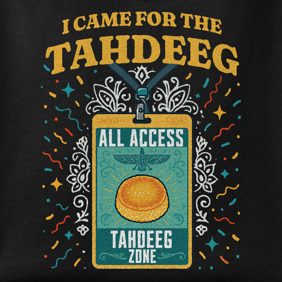 Close-up of the Tahdeeg VIP print showing ink detail on the fabric