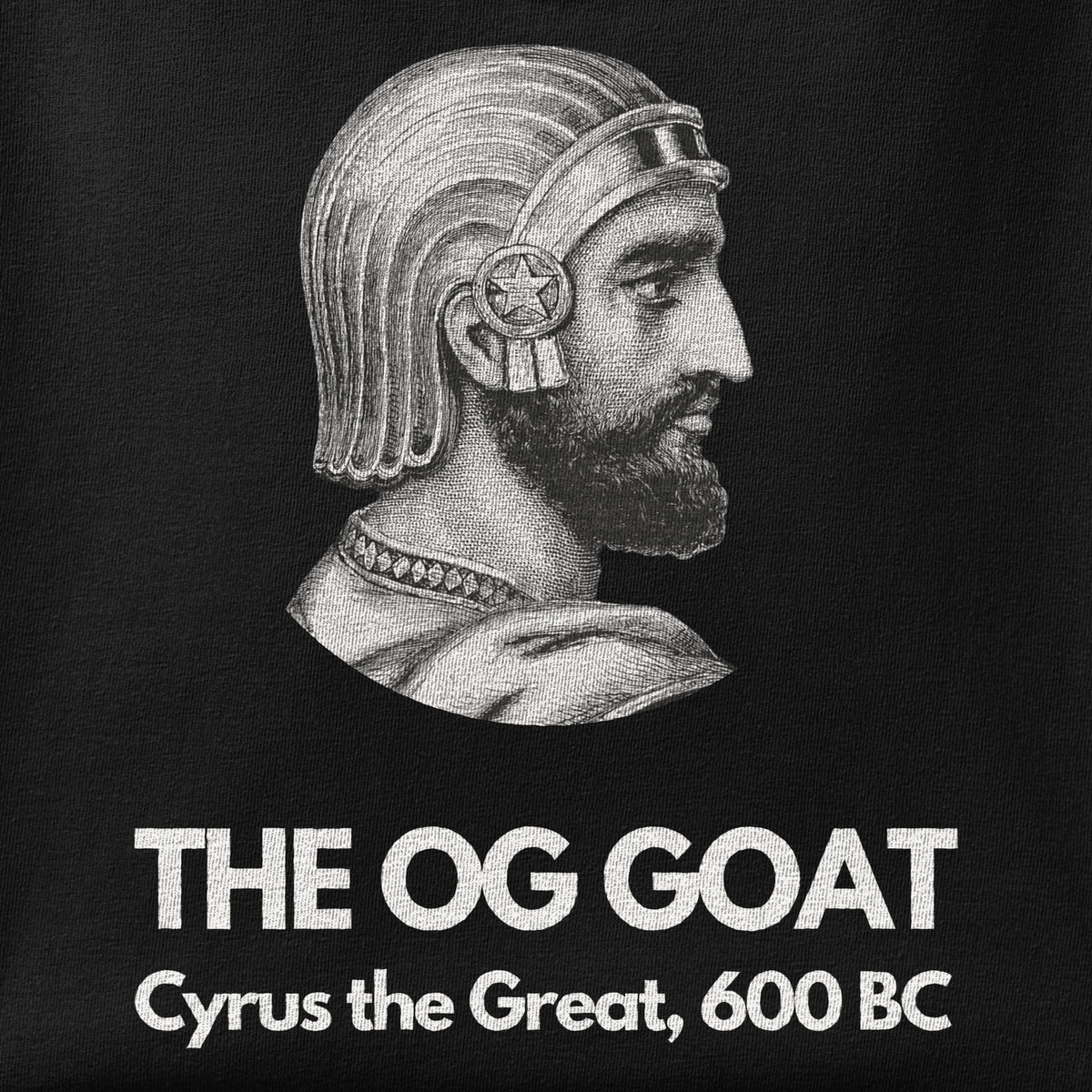 Close-up of the The OG GOAT print showing ink detail on the fabric