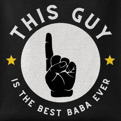 Close-up of the This Guy is the Best Baba print showing ink detail on the fabric