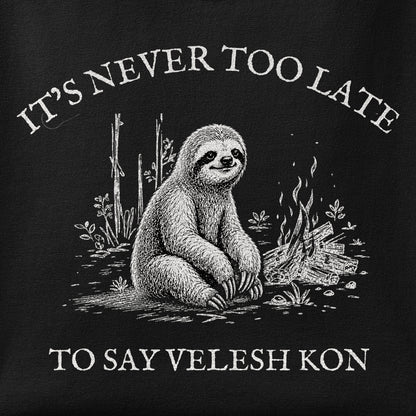 Close-up of the Velesh Kon Sloth print showing ink detail on the fabric