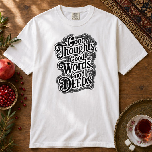 Good thoughts, good words, good deeds - hippie Premium Tee - Back Print - White