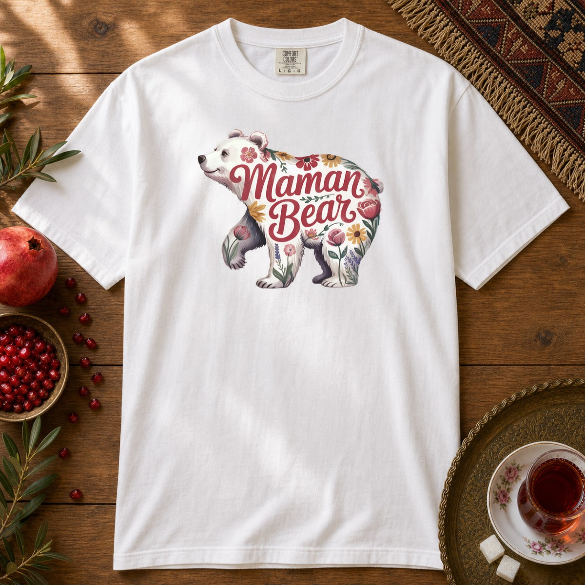 Maman Bear Floral  Premium Tee - White