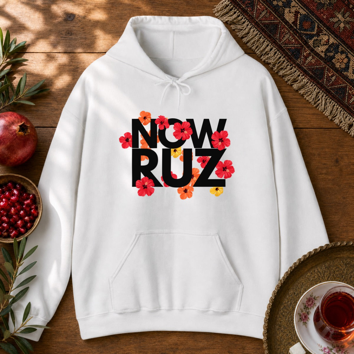 Nowruz - Floral Typography Hoodie - White