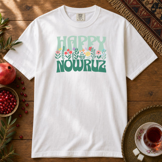 Happy Nowruz Floral Premium Tee - White