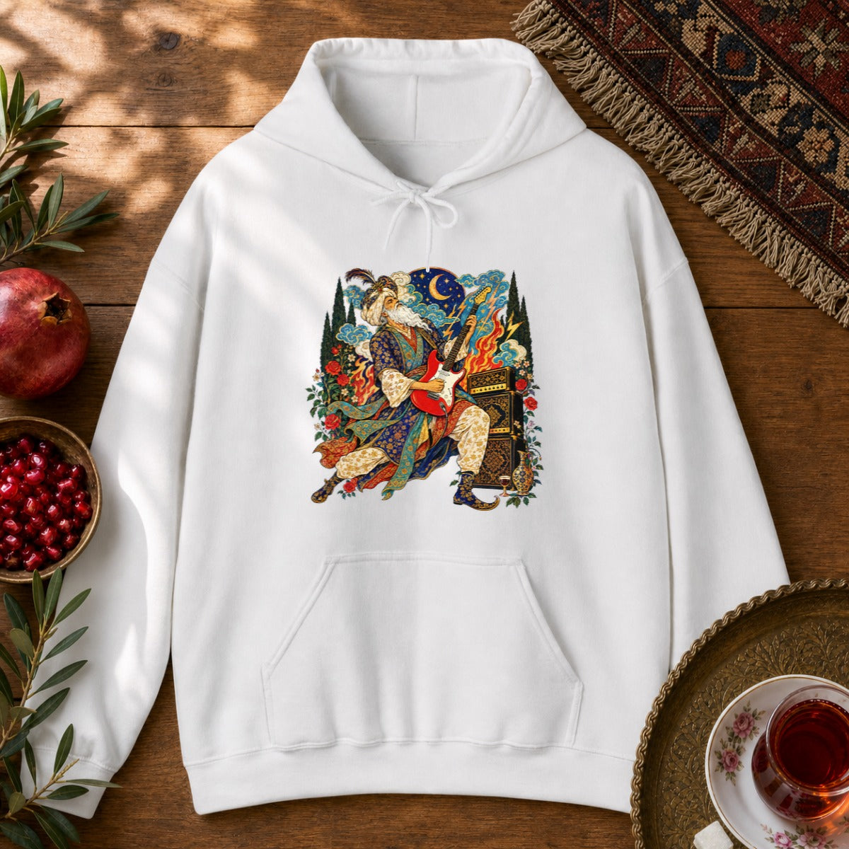 Khayyam on Guitar Hoodie - White