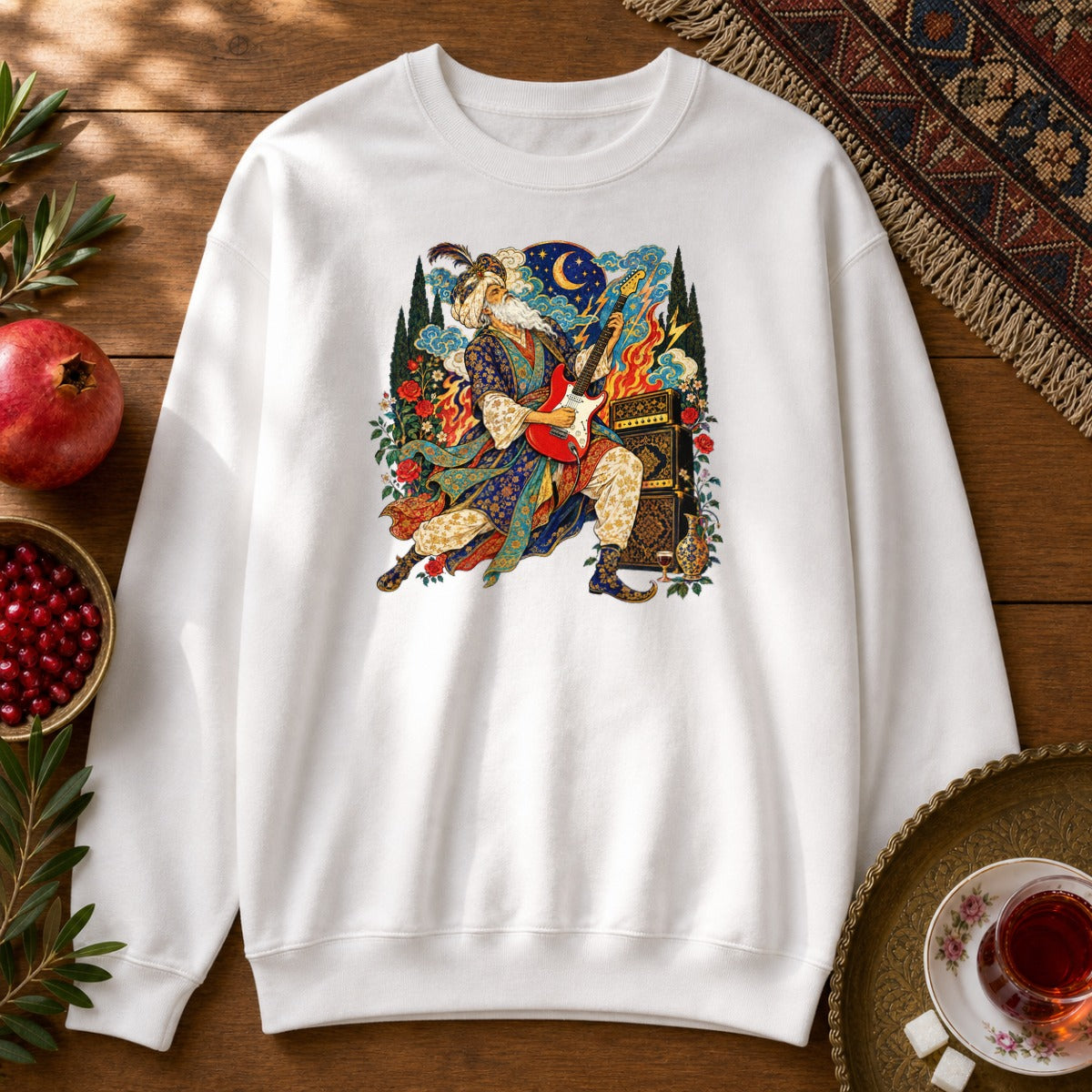Khayyam on Guitar Sweatshirt - White