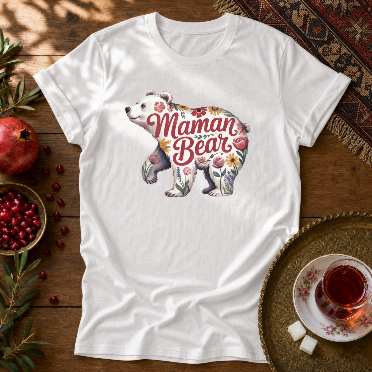 Maman Bear Floral Full Unisex T-Shirt - White