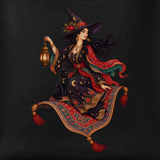 Close-up of the Witch and the Magic Carpet print showing ink detail on the fabric