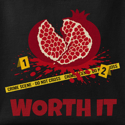 Close-up of the Worth It print showing ink detail on the fabric
