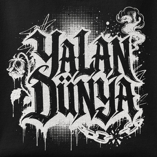Close-up of the Yalan Dunya print showing ink detail on the fabric
